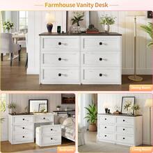 Farmhouse Vanity Desk With Flip Top Mirror And Lights,47" W Makeup Vanity With Hidden Lockable Drawer,3 Drawers And Cushioned Stool,Charging Dressing Table For Bedroom - 白色 - 查看 4