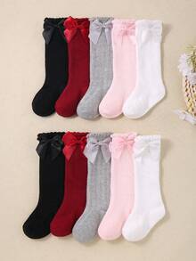 5 Pairs Of Knee-High Socks For Baby Girls Decorated With Bows, Princess-Style Long Socks For Toddlers, Cute Socks For Girls.Available In Multiple Color Combinations, Including Red, White, Black, Pink And Gray. - Multicolor - View 5