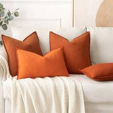 Local Delivery- Decorative Linen Pillow Covers 18x18 Inch Natural Beige ​Boho Farmhouse​ ​Neutral Couch Throw Pillows For Bed Pack Of 2 Accent Outdoor Pillowcase Modern Sofa Cushion Livingroom Home Decor - 橘色 - 查看 4