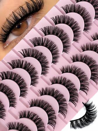 10 par D-curl ryska remsor lösögonfransar naturlig look fluffiga konstgjorda minkfransar volym spikiga långa foxy eye lyftande look lösögonfransar remsögonfransar,fransar,ögonfransar,lösögonfransar