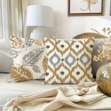 4 Piece Decorative Pillow Cover Set With Modern Abstract Floral Geometric Design In Brown And Gray, Suitable For Farmhouse Style Home Decor. These Polyester Cushion Covers With Zipper Are Great For Outdoor Use On Porch, Patio, Sofa, And Living Room