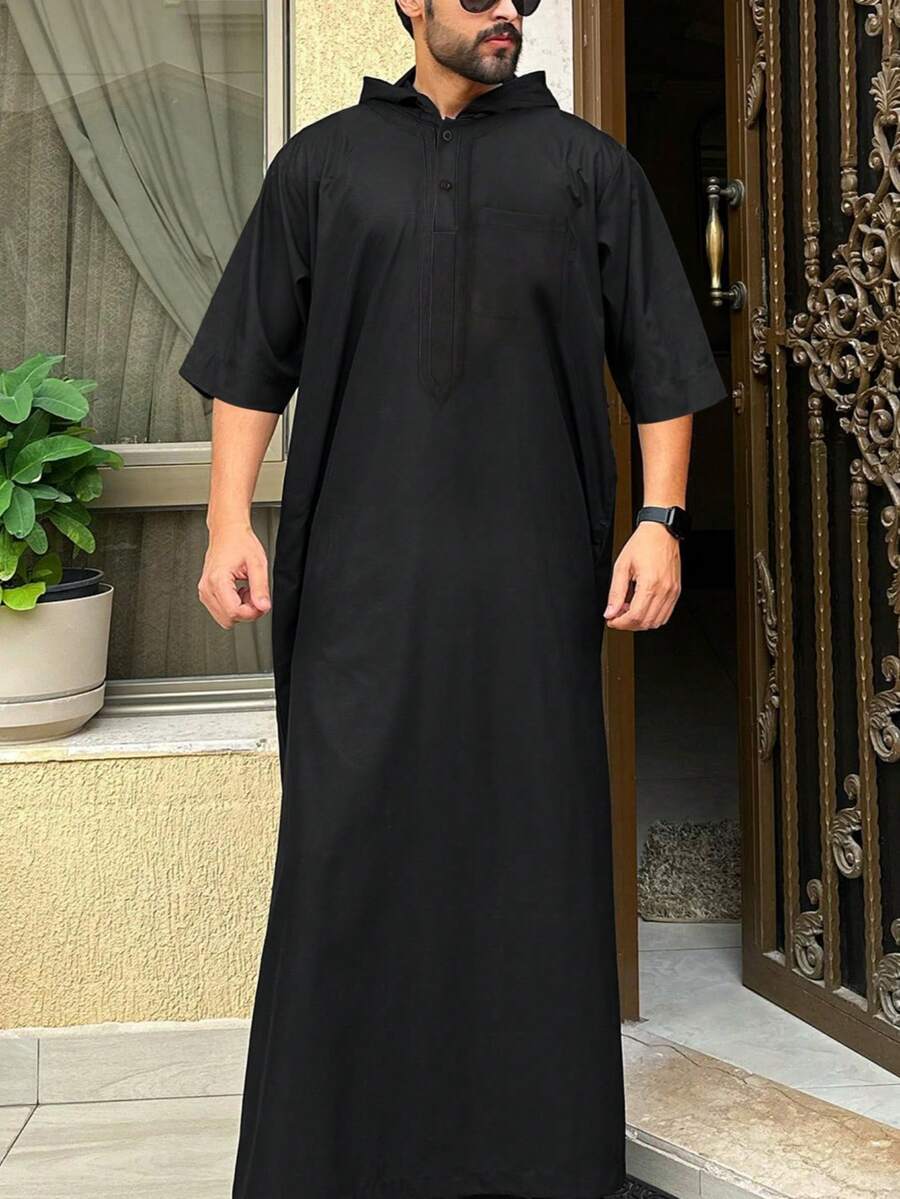 男士长袍，短袖连帽刺绣阿拉伯长袍，男士假日休闲传统服装 - 深灰色 - 查看 1