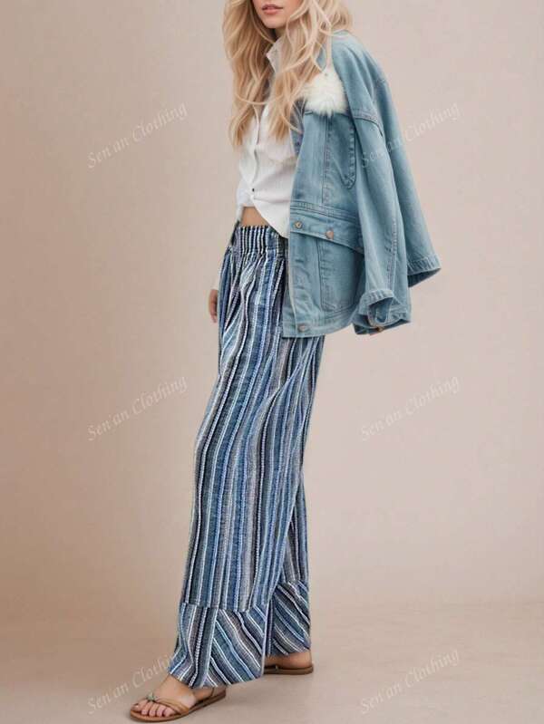 Autumn/Winter Color Block Striped Loose Casual Flared Leg Pants, Slimming