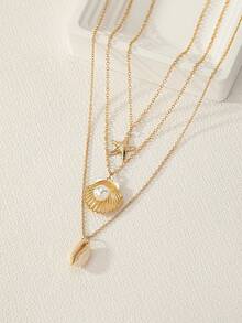 3pcs Shell & Starfish Pendant Necklace Sets - Yellow Gold - View 5