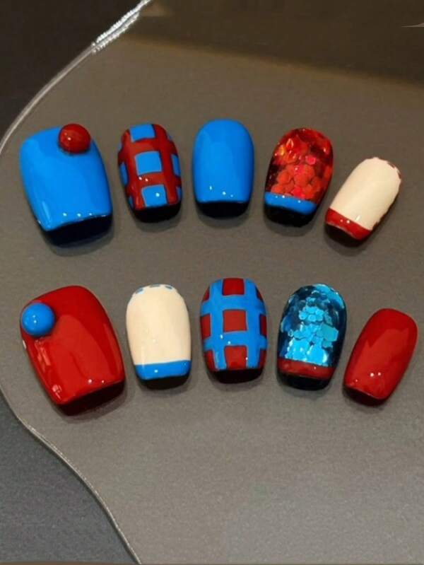 10 Short Trapezoidal Retro-Style Red And Blue Color-Blocking Sequined Polka Dot Hand-Painted Checkerboard Wearable Nails, A Novel Summer Color Combination Of False Nails, Suitable For Daily Balls And Salons As Gifts For Ladies And Girls