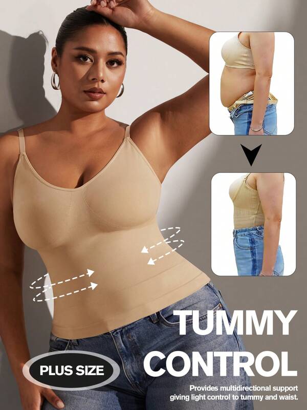 1pc Women's Plus Size Lingerie Waist Shaping Seamless Camisole Jumpsuit, Apricot Color, Summer