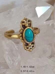 1 pieza Tobillera ajustable con incrustaciones de turquesa falsa, anillo para el pie de tono dorado vintage de cobre con acabado hueco, adecuado para mujeres, uso diario, vacaciones en la playa, fiestas