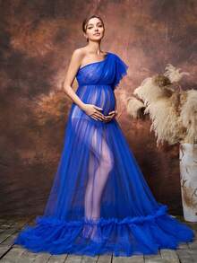 Faeriesty Dressalisa Elegant Maternity One Shoulder Ruffle Trim Sleeve Mesh Oversized Tulle Skirt Dress For Summer Spring Occasions Maternity Photoshoot - Royal Blue - View 6