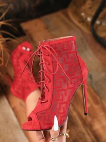 2025 秋冬性感时尚红色网眼露趾 12 厘米细高跟系带休闲百搭靴夜店靴