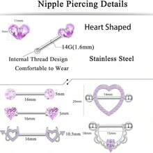 6 Pairs Stainless Steel Nipple Rings Set With Heart & Butterfly Designs - Purple - View 2
