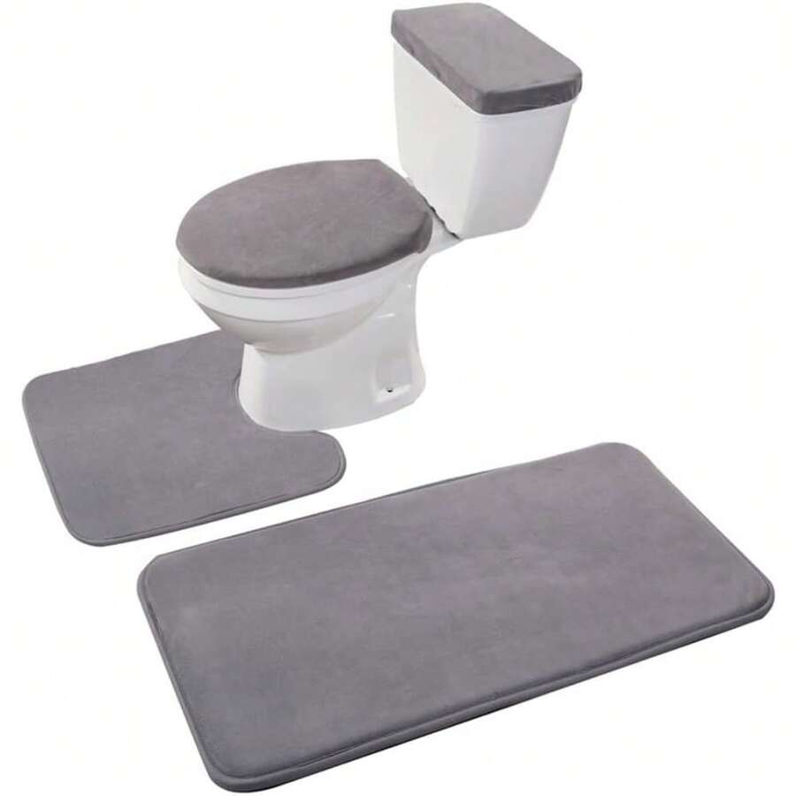 Entrega local - Juego de alfombra de baño con espuma de memoria Madeals de 3 piezas, incluye tapete de baño, tapa del inodoro y tapa del tanque, color negro - Gris - Ver 1