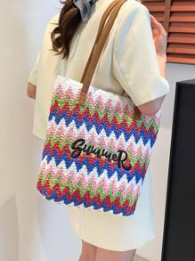 New Straw Woven Bag Women Large Capacity Shopping Tote Bag Striped Letter Beach Bag Embroidery Vacation Lightweight Oversized Bag