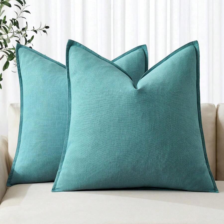 Local Delivery- Decorative Linen Pillow Covers 18x18 Inch Natural Beige Boho Farmhouse Neutral Couch Throw Pillows For Bed Pack Of 2 Accent Outdoor Pillowcase Modern Sofa Cushion Livingroom Home Decor - 綠松石 - 查看 1