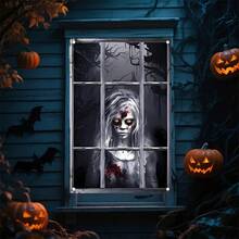 1pc 2D Halloween Horror Ghost Window Banner, Male/Female Ghost Pattern Design, Suitable For Halloween Parties, Front Door Decoration, Party Decorations, Day Of The Dead - Halloween Atmosphere Decoration, Indoor And Outdoor Use, Festival Decoration - Multicolor - View 7