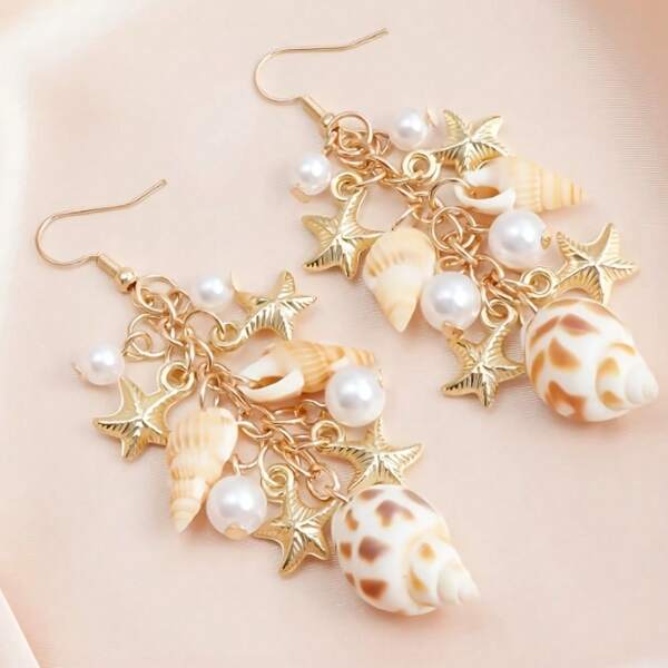 1 Pair Of Vintage Style Golden Color Conch Star Earrings, Perfect For Beach Holidays, Beach Earrings