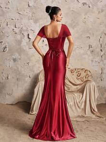 Vintage Muse Göttin Off-Shoulder Mesh-Ärmel Satin Meerjungfrau tailliertes Luxus sexy Weihnachtsparty Maxikleid, Brautjungfernkleid - Bordeaux - Übersicht 2