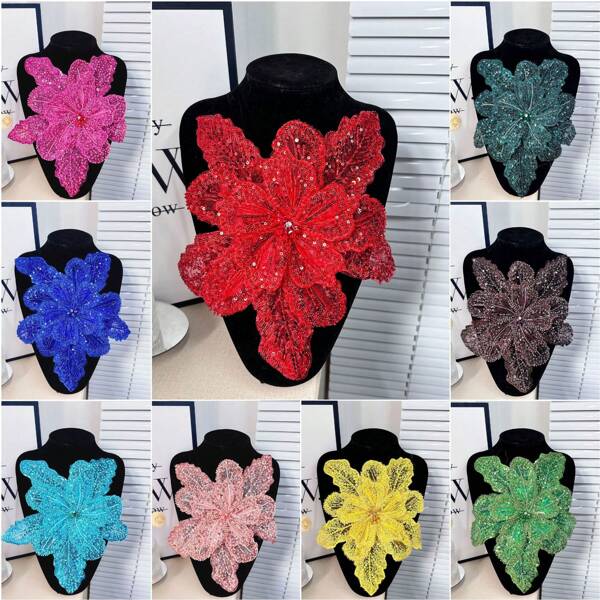 New Multi-Layer Embroidered Crystal Beads Center Flower Petal Handmade Fabric Flower Decoration For Clothing, Size: Length 29cm Width 28cm