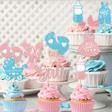 12pcs Glitter Gender Reveal Party Cupcake Decorations Toppers Blue And Pink Cake Toppers Cupcake Toppers Cake Topper, Bottle Foot Print Nipple Cupcake Toppers Cake Topper For BabyShower Party Decoration Supplies