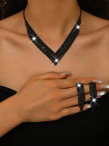 Wedding Bridal Jewelry Set, Includes Rhinestone Necklace, Earrings, Bracelet, Elastic Ring (Multiple Styles Available For Mix And Match) - Gun Black - View 21