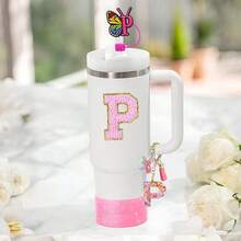 Set de 6 accesorios para taza de 30oz y 40oz, compatible con tazas , incluye dijes con letras para el asa, funda de silicona, tapa para pitillo y pegatina (letra S) - Letra P - Ver 2