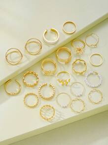 Set de 21 piezas de anillos geométricos de metal con flores, perlas y hojas para mujeres, joyería creativa adecuada para uso diario, boda, fiesta, vacaciones, playa, regalo para novia, mamá, amigos (sin caja)