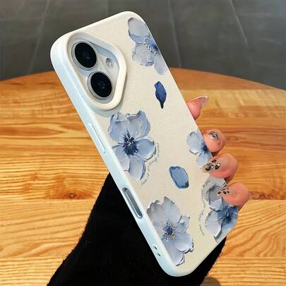 Flower 1pc White Leather Pattern Blue Floral Design Phone Case, Personalized Compatible With Iphone 16 Pro Max, 15, 14 Plus, 13, 12, 11, Protective Cover Waterproof Shockproof Anti-Fall Scratch Resistant