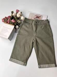 Women's Pocket Washed Stretchy Denim Shorts - Gray Green - View 5