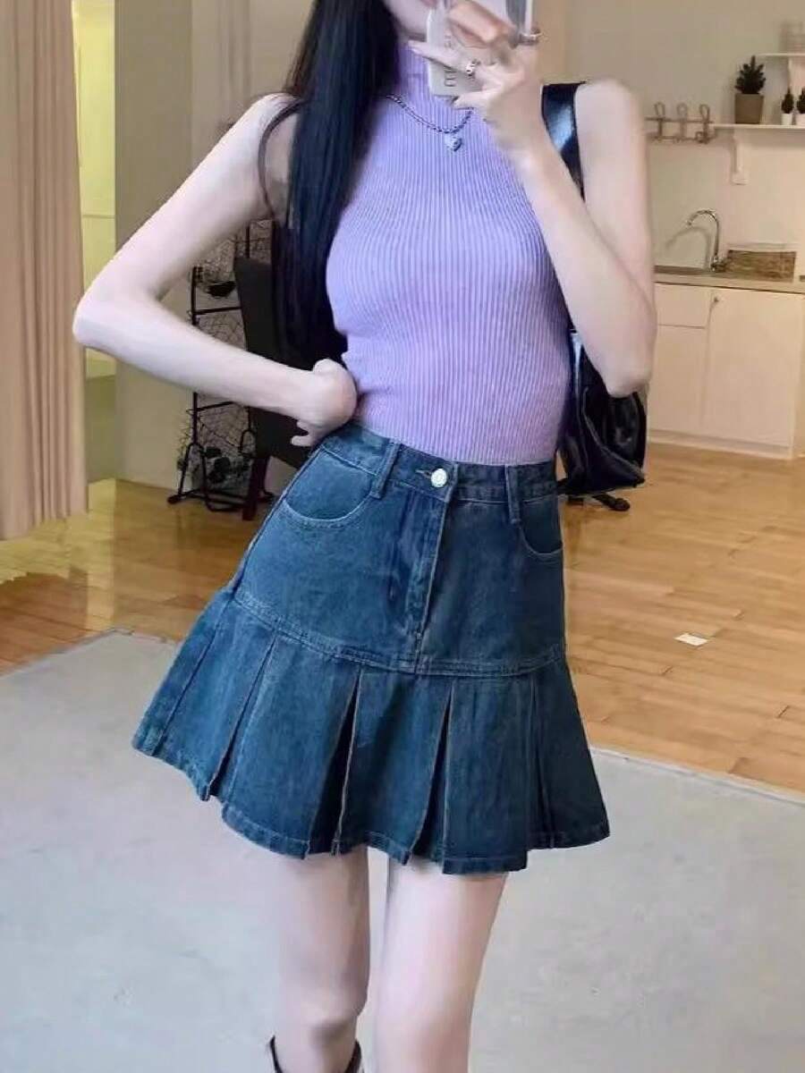 ヴィンテージ ハイウエスト プリーツ デニムハーフスカート、女性向け夏の新作 お腹を隠して見た目痩せる デザイン性のあるAラインヒップアップミニスカート - レトロブルー - チェックする 1