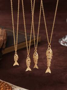 1 件可爱金色活动小鱼吊坠项链，镶嵌锆石，镀 18k 金，适合日常佩戴、旅行和派对，可送给妻子、母亲、女朋友、女士首饰、女士吊坠项链、镀金首饰