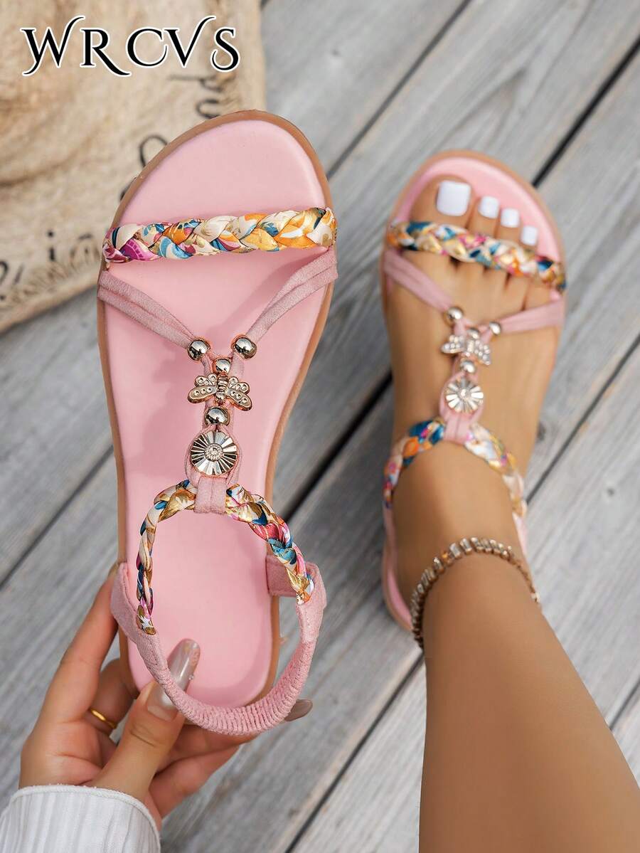 WRCVS Giày sandal nữ màu hồng, giày dệt kim kiểu dáng thường ngày, giày đi biển nhẹ, chống trơn trượt với họa tiết hoa ngẫu nhiên, giày đi nghỉ mát phong cách Bohemian đính hạt thủ công, giày ngoài trời kiểu retro, phong cách Boho, trang phục mùa xuân hè.
