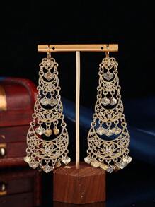1 Par de brincos de metal estilo marroquino da moda para mulheres, design em formato de lua crescente entalhada vazada com fluxo de coração, joia de presente de aniversário de festa para senhoras árabes