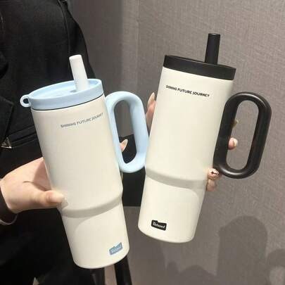 Slogan Design Large Capacity Handle Tumbler With Straw, Insulated