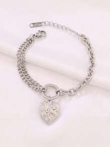 1 pièce Bracelet pendant cœur en acier inoxydable pour femmes, design de mode avec charms en zircone, chaîne de bracelet étanche, bijoux
