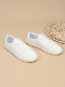 1 Pair Unisex PU Leather Lace-Up Classic Student Sneakers, Thick Non-Slip Durable Soft Bottom Casual Flat Sports Shoes, Suitable For All Seasons