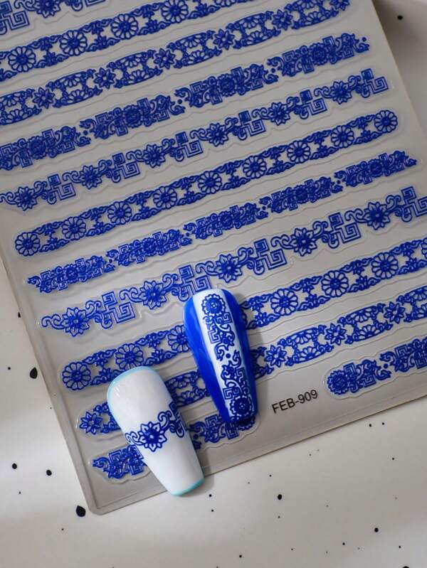 1 Pc Blue White Porcelain Traditional Chinese Style Hollowed Out Blue And White Ancient Charm Engraved Pattern 5D Embossed Art Stickers DIY Nails Polish Manicure Sticker Decals