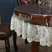 1pc Premium Transparent Thin PVC Tablecloth With Beige Lace Big Flower Edge, Round, Elegant & Practical For Party, Wedding, Birthday, Christmas And Daily Use, Size Options: 59.0/70.9/78.7 Inch