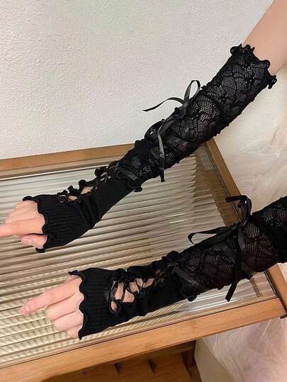 1 对女式 DIY 抽绳荷叶边袖套，Y2K 辣妹多巴胺可爱卡哇伊蕾丝个性化防紫外线多功能手套袖套，适合角色扮演、洛丽塔 JK 女孩装、日常穿着和万圣节拍照