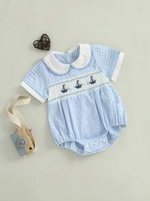 Baby Girl Summer Romper Loose Fit Sailboat Embroidery Plaid Smocked Doll Collar Short Sleeve Infant Jumpsuit - 藍色 - 查看 3