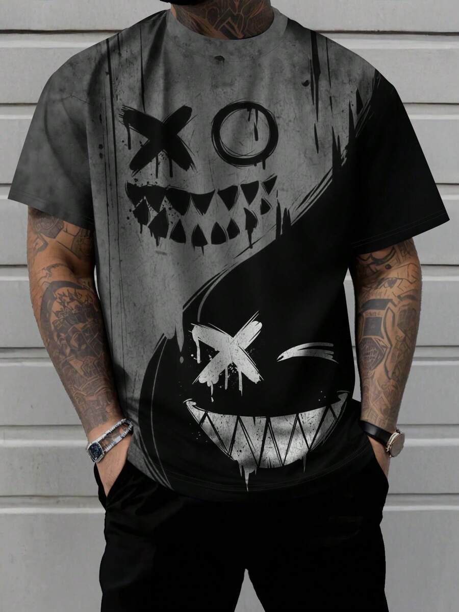 Men's Gothic Emotion Pattern Round Neck Short Sleeve Casual T-Shirt, Summer