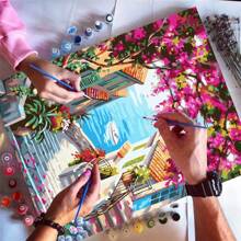 DIY Digital Oil Painting Kit For Adults, 40x50cm, Includes Paint And Brushes, Great For Stress Relief, Paint By Numbers, Handcraft Filling Numbers, Romantic Seaside Town Landscape Design, Room Decor Wall Craft, Mural, Beginner Painting, Ideal Gift For Friends (No Frame)