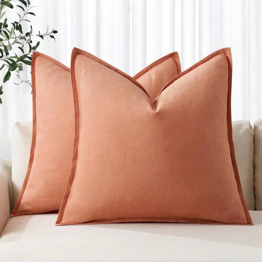 Local Delivery- Decorative Linen Pillow Covers 18x18 Inch Natural Beige Boho Farmhouse Neutral Couch Throw Pillows For Bed Pack Of 2 Accent Outdoor Pillowcase Modern Sofa Cushion Livingroom Home Decor - Coral - 查看 1