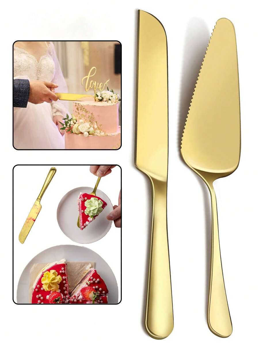 1/2pcs Gold Cake Knife And Shovel Set,Stainless Steel Cutlery,Cake Cutlery Knife And Shovel,Cake Cutting Set,Cheese Bread Knife And Shovel Set,Stainless Steel Knife Set For Weddings, Engagement, Birthday Part,Suitable For Pizza, Cake, Pie, Bread - Multicolor - View 1