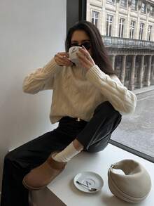 Thick Turtleneck Cable Knit Pullover Women, 2025 Winter New Layering Short Wool Sweater Top