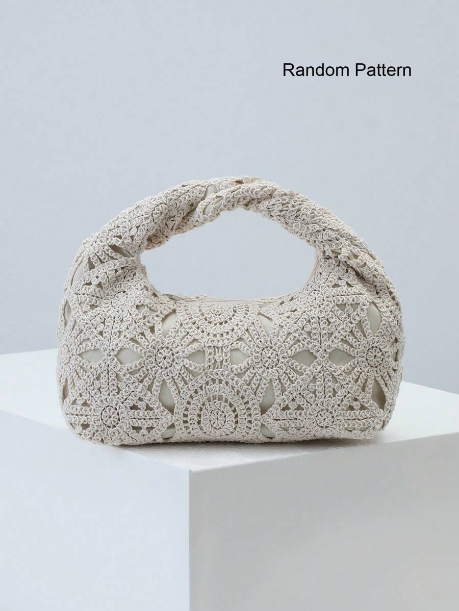 Borsa intrecciata a motivo traforato, borse da spiaggia stile boemo per donna, set all'uncinetto, accessori da spiaggia per donna, articoli essenziali per i viaggi (motivo casuale)