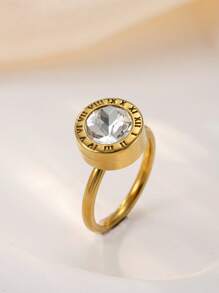 1 pieza Anillo de acero inoxidable chapado en oro de 18k con diamantes para mujer, accesorio elegante y de moda adecuado para uso diario, vacaciones, citas, regalo