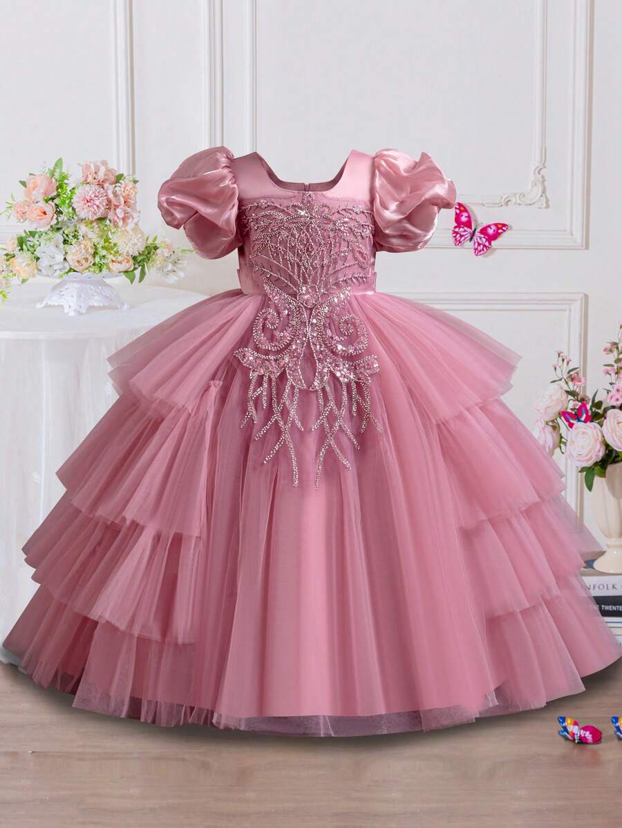Vestido de princesa de longitud media para niños, con mangas abullonadas, vestido de fiesta de boda de verano para niñas con lentejuelas, bordados, falda acampanada de malla, adecuado para actuaciones y eventos - Rosa - Ver 1