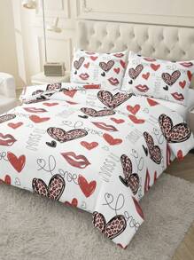 3pcs Set Minimalist Brushed Leopard & Heart Print Duvet Cover Set (1 Duvet Cover + 2 Pillowcases, Without Insert), Soft & Comfortable, Machine Washable, Suitable For Bedroom, Dorm, Hotel, Bedding Decor
