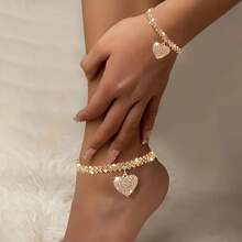 Set Of 2 Luxurious Glittering Heart Pendant Anklets And Bracelets Perfect For Parties, Weddings, Engagement Jewelry Gifts, Halloween And Christmas Gifts