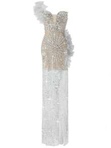 新款时尚女士串珠性感白色晚礼服，派对礼服，正式场合，婚礼宾客，万圣节，优雅 - 白色 - 查看 2