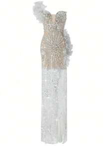 New Stylish Women Beaded Sexy White Evening Gown,Party Dress,Formal,Wedding Guest